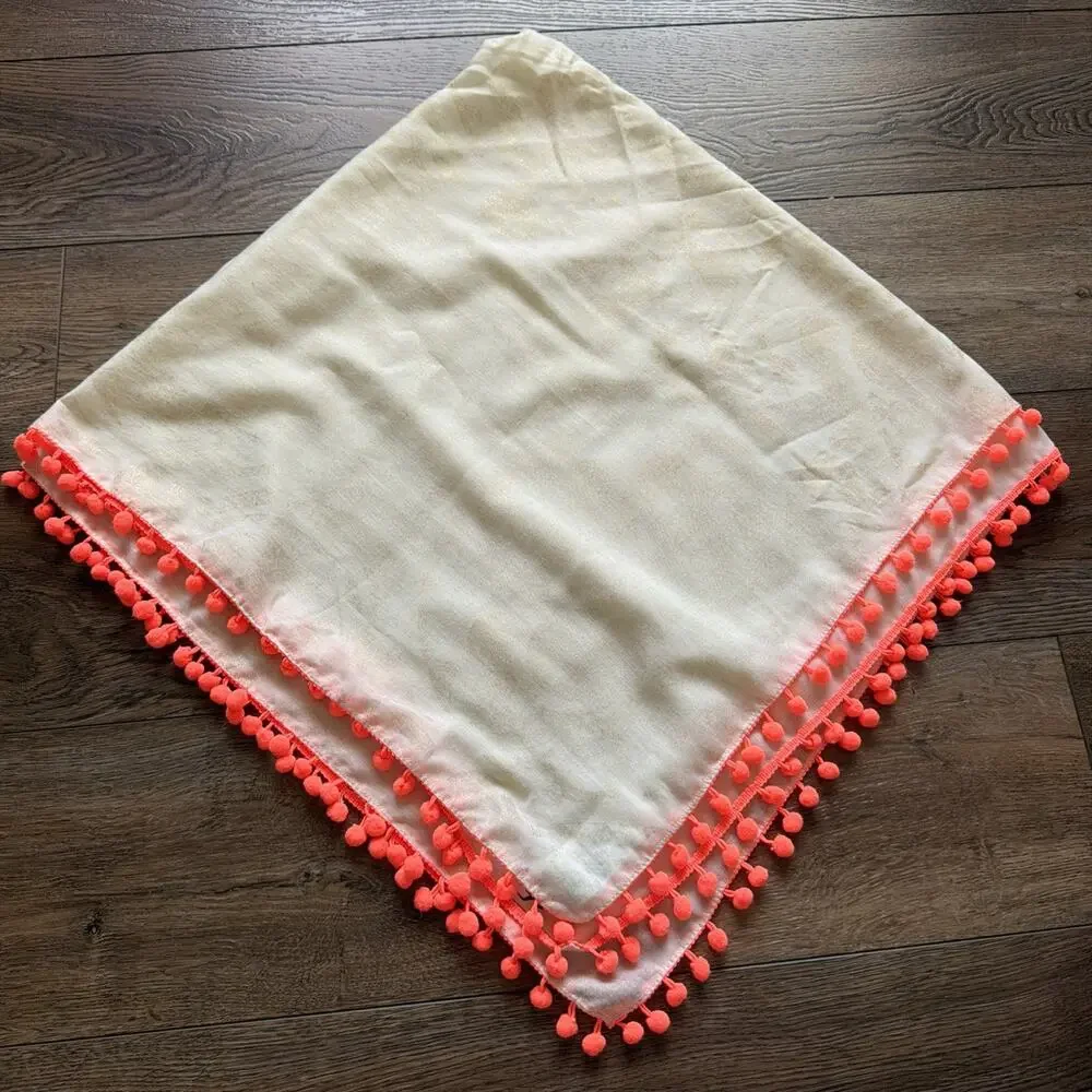 Hollister Scarf Womens One Size Ivory Neon Orange Pom-Pom Trim Wrap Lightweight